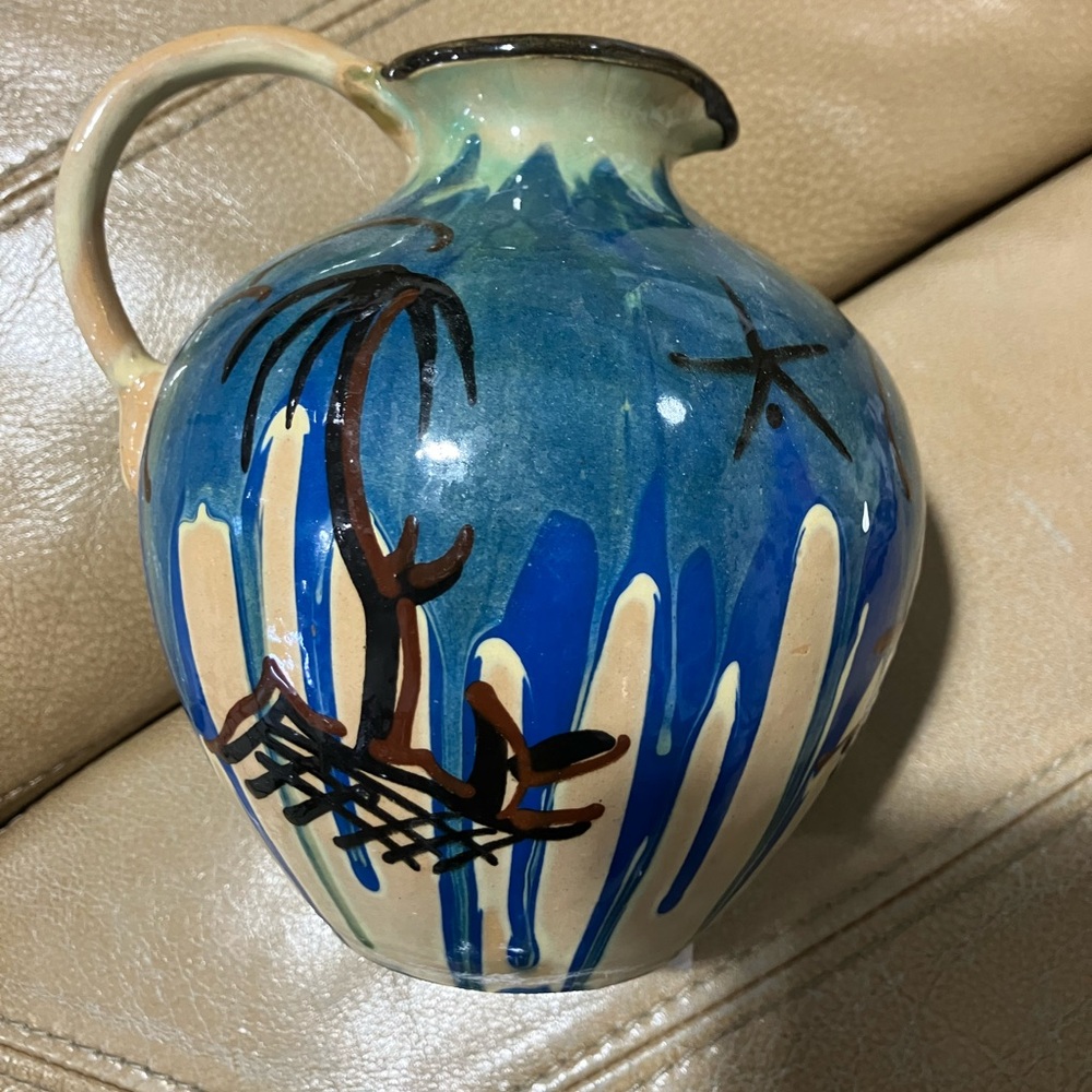 Vintage Blue and Tan Ceramic Art Vase with Tropical Design Vintage